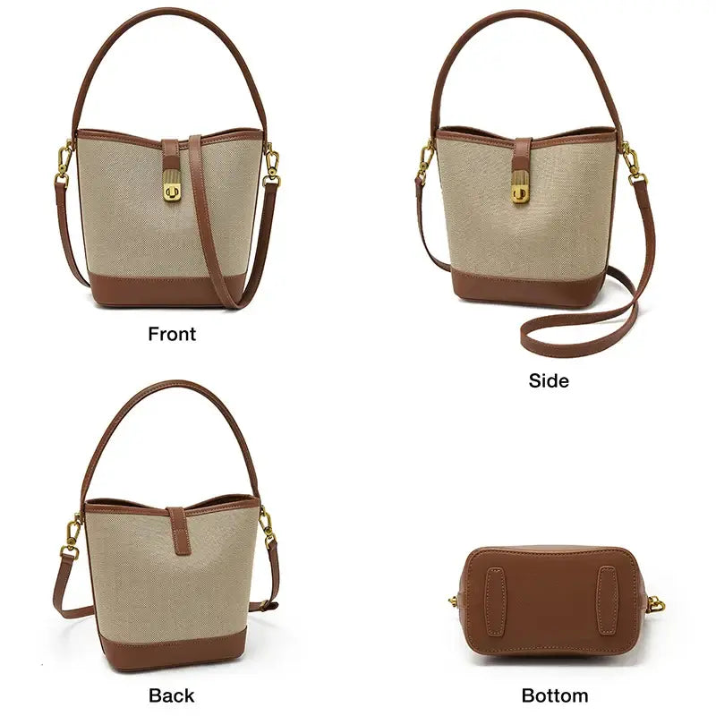 Beige and black women’s bucket bag with top handle, crossbody strap, and gold lock detail, shown from multiple angles.