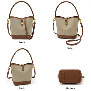 Beige and black women’s bucket bag with top handle, crossbody strap, and gold lock detail, shown from multiple angles.