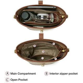 Inside view of beige and black women's bucket bag showcasing main compartment, interior zipper pocket, and open pocket.