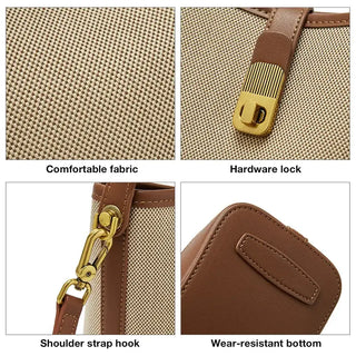 Beige bucket bag details showing comfortable fabric, hardware lock, shoulder strap hook, and wear-resistant bottom.
