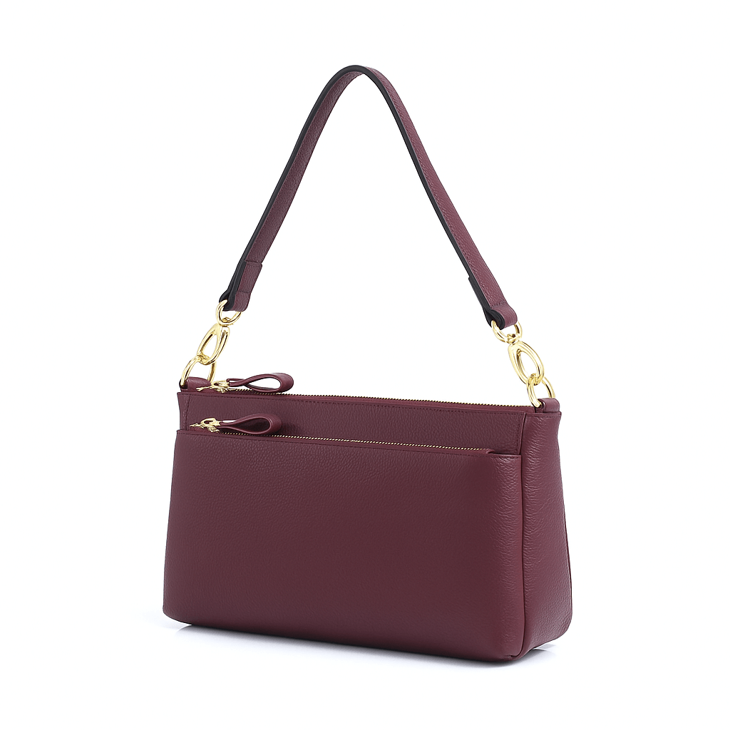 Burgundy leather shoulder bag Classic, structured design with smooth polyester lining, perfect for elegance and practicality.