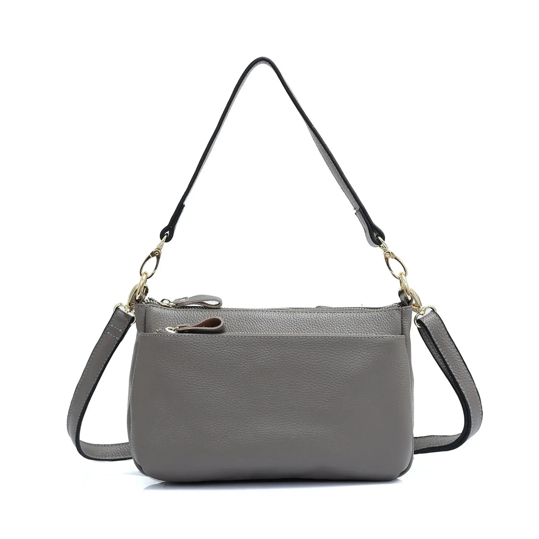 Classic gray shoulder bag, handmade genuine leather, structured design for elegance and practicality.