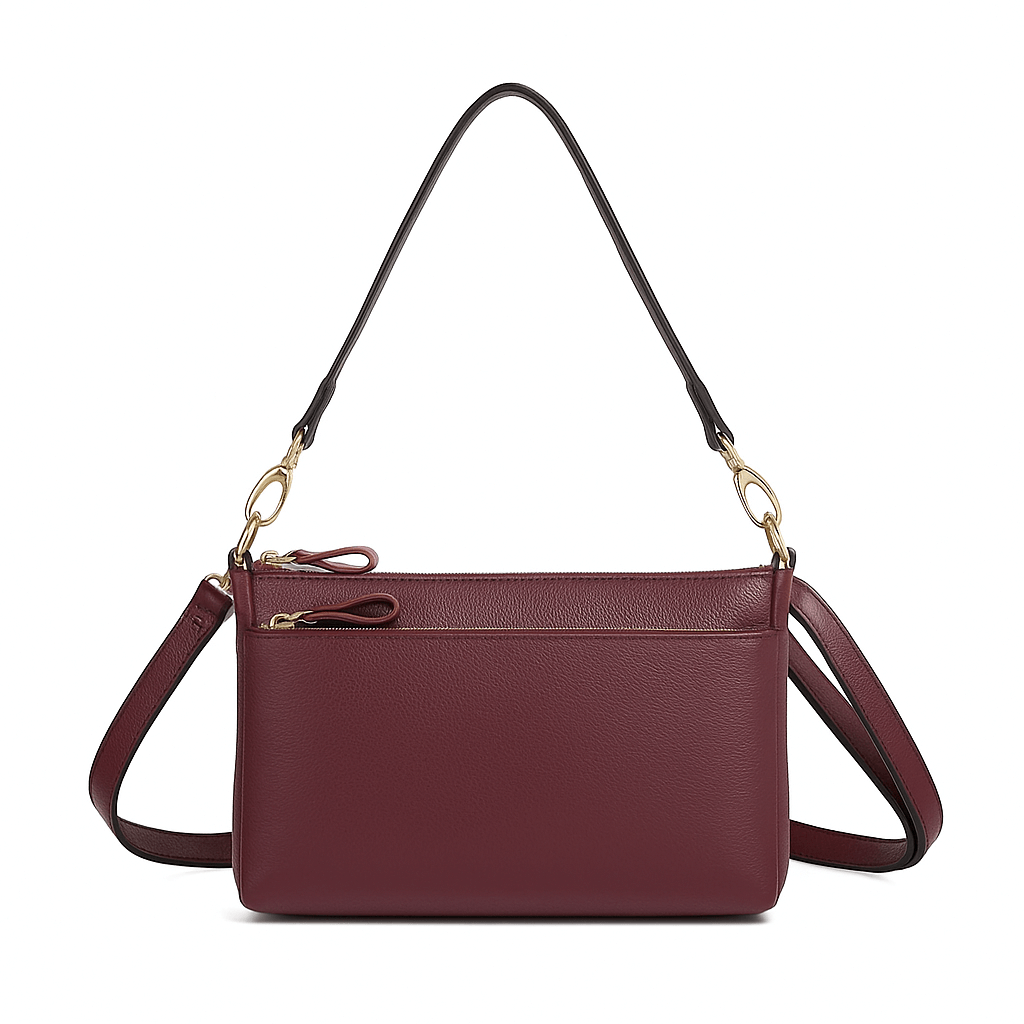 Burgundy shoulder bag classic, handmade genuine leather, versatile and timeless design for women.