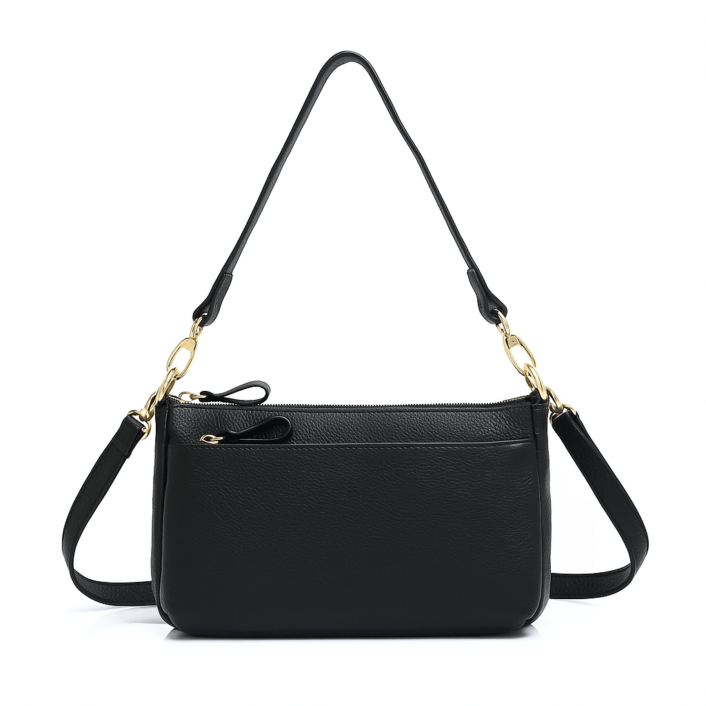 Classic black shoulder bag, handmade genuine leather, elegant and versatile design for everyday use.