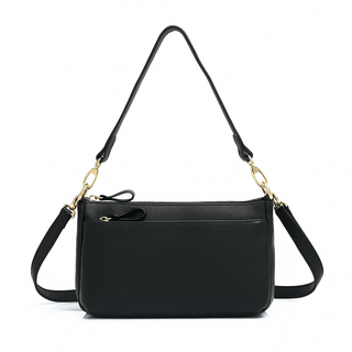 Classic black shoulder bag, handmade genuine leather, elegant and versatile design for everyday use.
