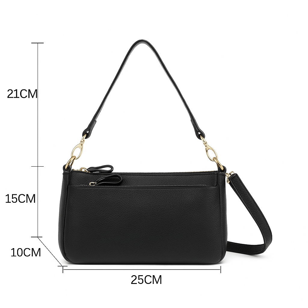Classic black leather shoulder bag with gold hardware, structured design, and adjustable strap, perfect for everyday use.