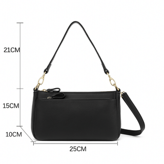 Classic black leather shoulder bag with gold hardware, structured design, and adjustable strap, perfect for everyday use.