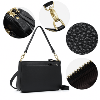 Black leather shoulder bag classic design with gold hardware, showcasing texture and zipper details.