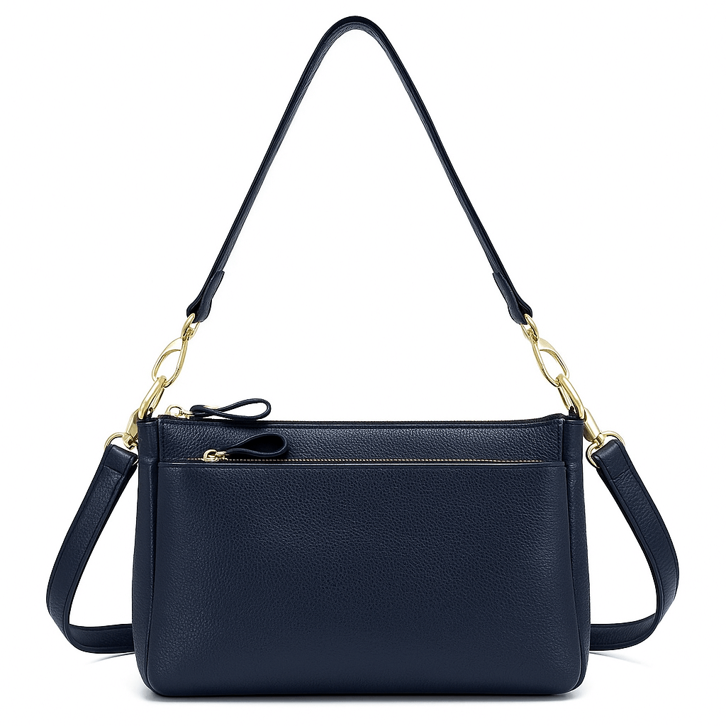 Classic navy shoulder bag, handcrafted in leather, perfect for elegant and practical everyday use.