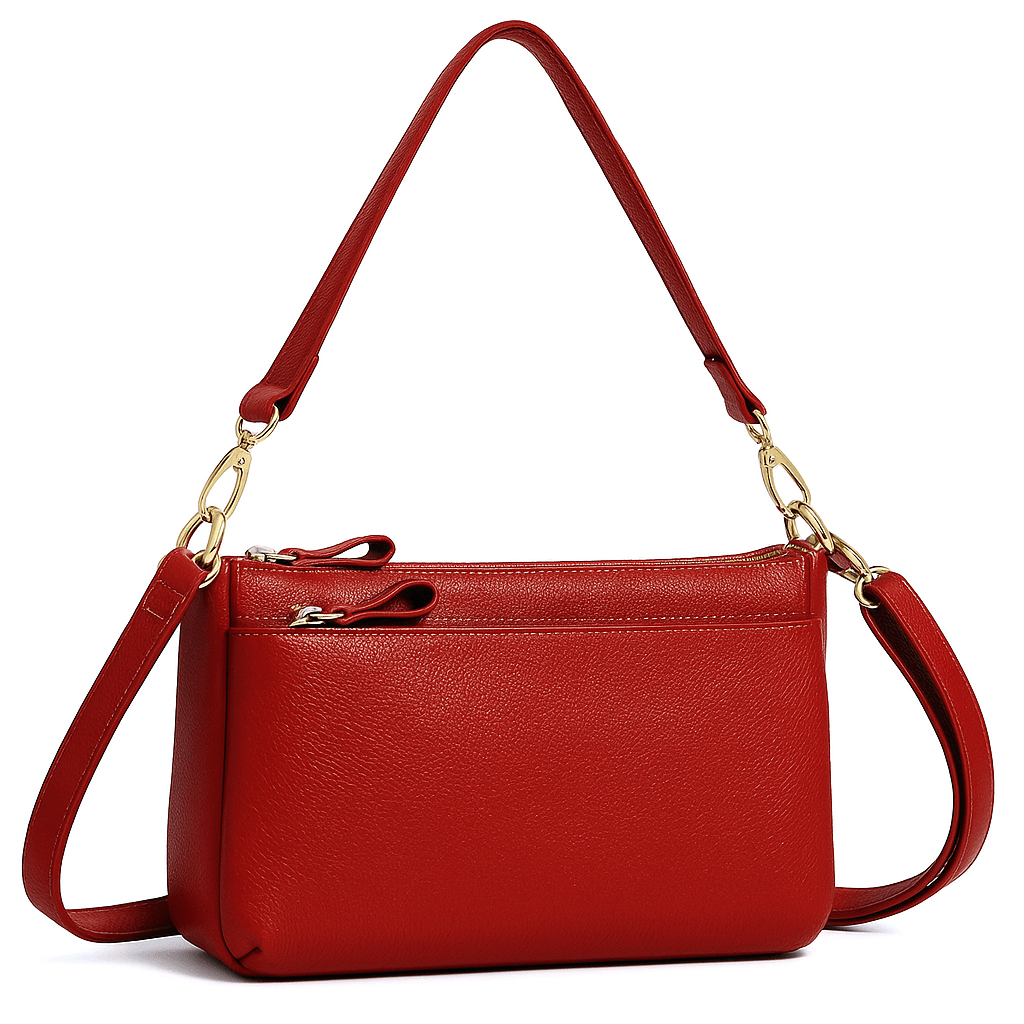 Classic red shoulder bag, genuine leather, structured design, stylish and practical for everyday use.