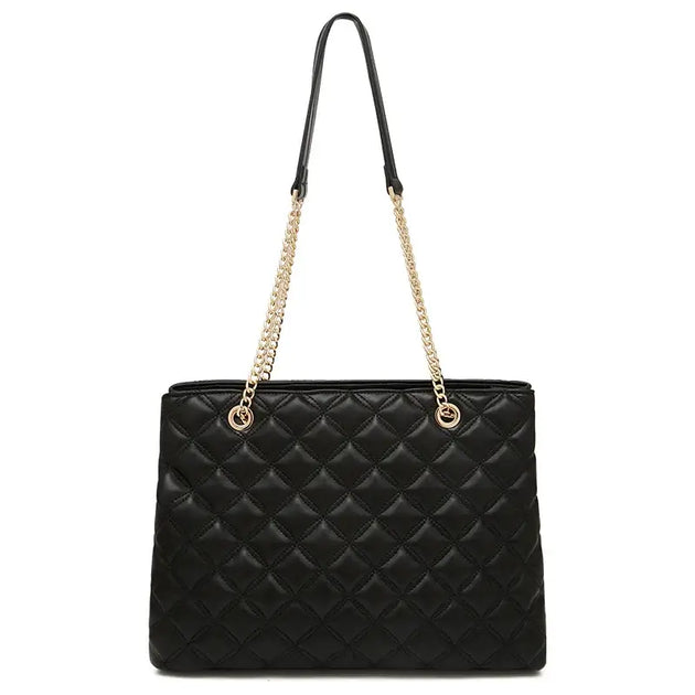 Women’s black classic shoulder bag – luxury PU tote handbag with chain straps, stylish and durable design.