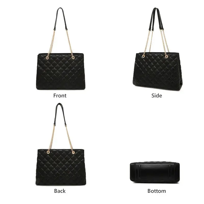 Women’s classic shoulder bag in black PU leather showing front, side, back, and bottom views for versatility and style.