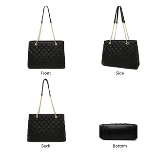 Women’s classic shoulder bag in black PU leather showing front, side, back, and bottom views for versatility and style.
