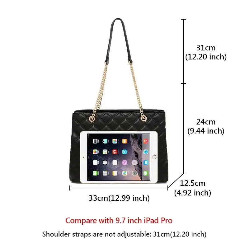 Women’s classic black PU leather shoulder bag dimensions with an iPad for size comparison