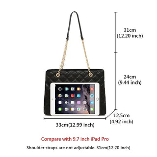 Women’s classic black PU leather shoulder bag dimensions with an iPad for size comparison