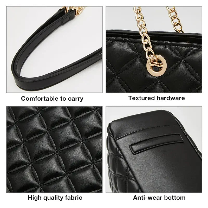 Women’s Classic Shoulder Bag - Black PU Tote Handbag with textured hardware and anti-wear bottom for durability.