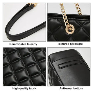 Women’s Classic Shoulder Bag - Black PU Tote Handbag with textured hardware and anti-wear bottom for durability.