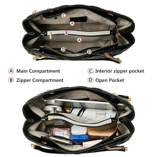 Women's Luxury PU Tote Handbag: Spacious interior with main compartment, zipper compartment, and pockets for organization.