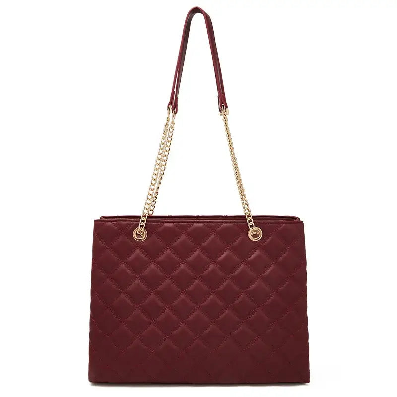 Burgundy Women’s Classic Shoulder Bag – Luxury PU Tote Handbag with quilted design and gold chain straps.