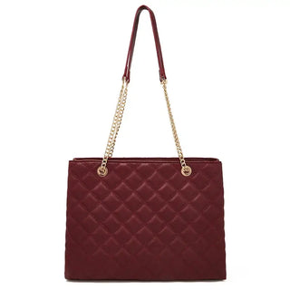 Burgundy Women’s Classic Shoulder Bag – Luxury PU Tote Handbag with quilted design and gold chain straps.