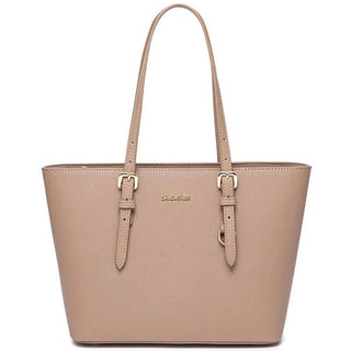 Women's Casual Tote Bag in Taupe Faux Leather with Adjustable Handles and Zipper Closure