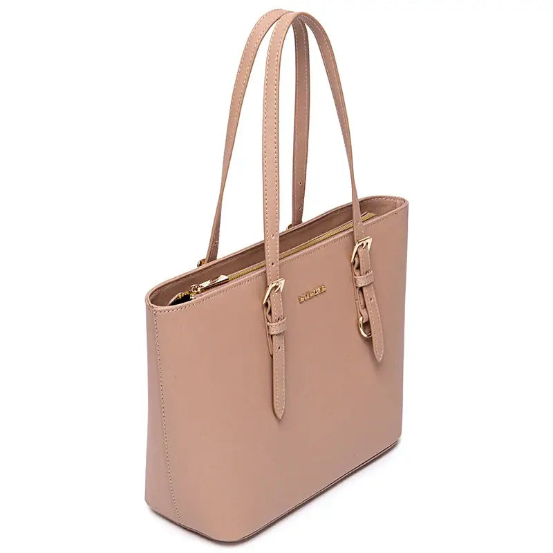 Women's Classic Tote Bag in Blush Faux Leather with Adjustable Handles, Soft Design and Zipper Closure