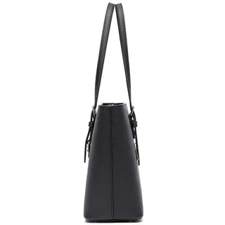 Women's classic black faux leather tote bag with adjustable handles, stylish and versatile for various occasions.