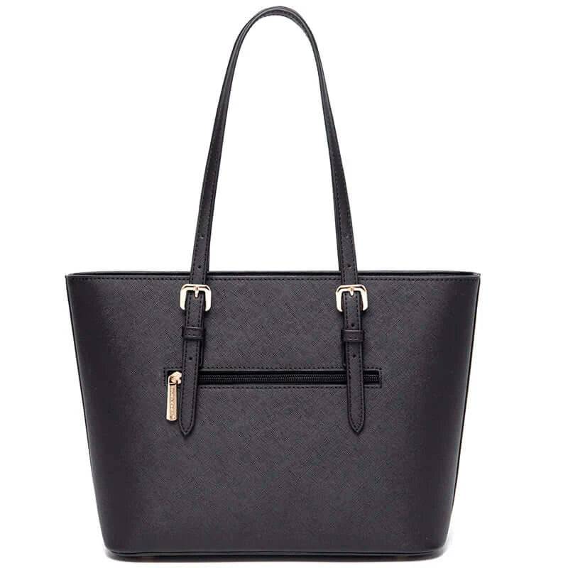 Women's Classic Tote Bag in Black Faux Leather with Adjustable Handles, Soft Casual Style, Zipper Closure