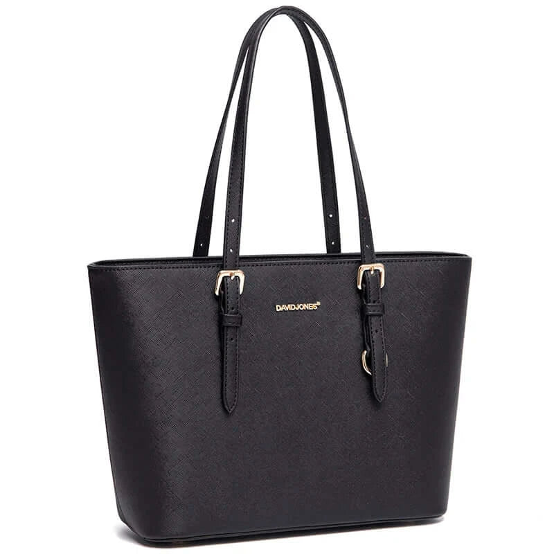 Women's Classic Tote Bag in Black Faux Leather with Adjustable Handles, Soft Material, and Zipper Closure