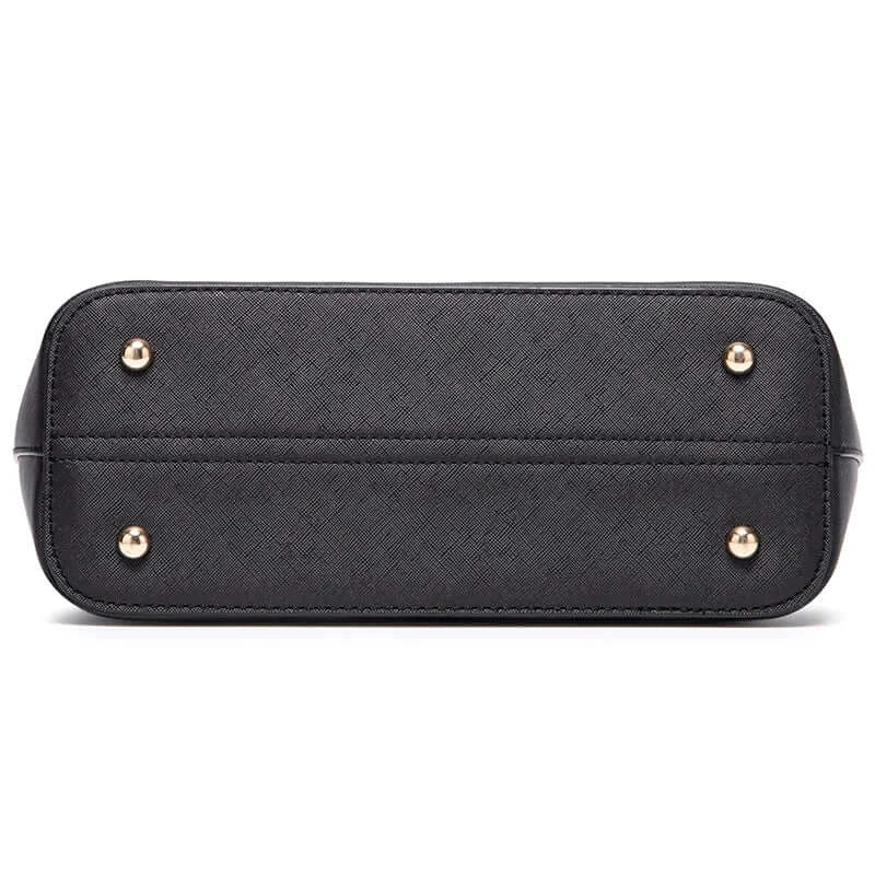 Women's black tote bag bottom view with gold feet, casual style in PU faux leather, perfect for versatile use.