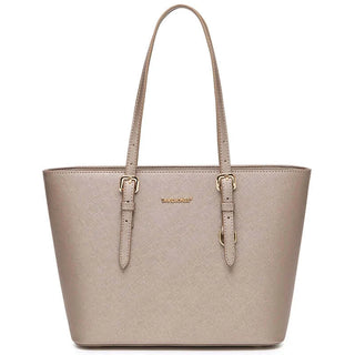 Women's tote bag in soft beige faux leather with adjustable handles and zipper closure, perfect for casual occasions.