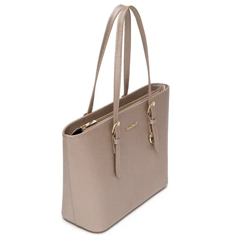 Women's black faux leather classic tote bag with adjustable handles and zipper closure, soft structure and casual style.