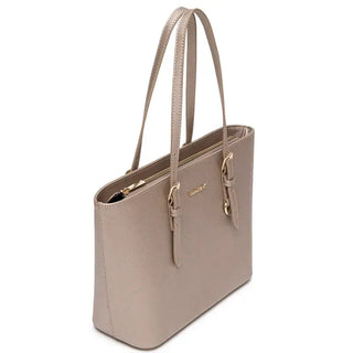 Women's black faux leather classic tote bag with adjustable handles and zipper closure, soft structure and casual style.