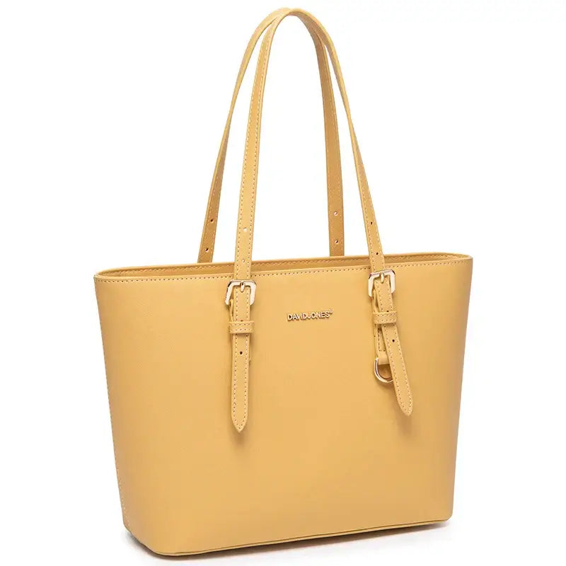 Women's Casual Tote Bag in Yellow Faux Leather with Adjustable Handles, Zipper Closure, and Soft Structure.