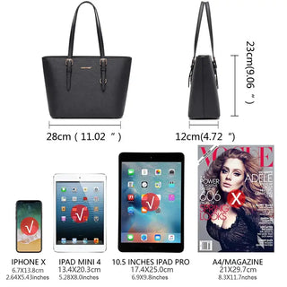 Women's black faux leather classic tote bag with adjustable handles, casual style, perfect for versatile occasions.