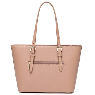 Women's tote bag in pink faux leather with adjustable handles, casual style and zipper closure for versatile use.