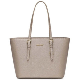 Women's Tote Bag in Light Beige Faux Leather with Adjustable Handles and Zipper Closure