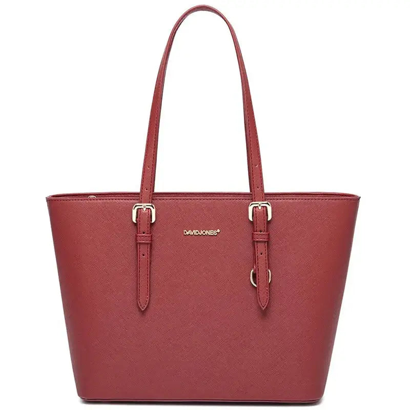 Women's Casual Tote Bag in Red Faux Leather with Adjustable Handles and Zipper Closure