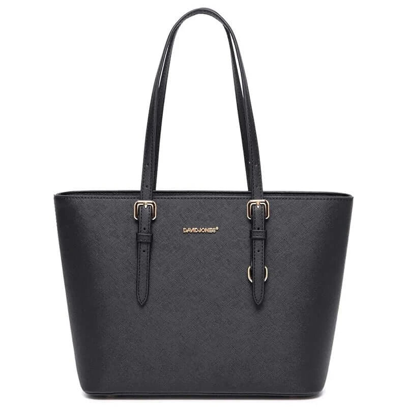 Black faux leather women's classic tote bag with adjustable handles, zipper closure, and soft interior compartment.