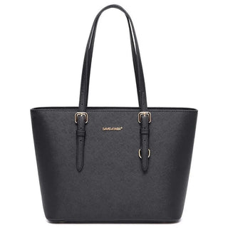 Black faux leather women's classic tote bag with adjustable handles, zipper closure, and soft interior compartment.