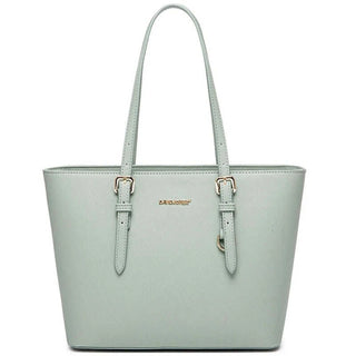 Women's tote bag in light green faux leather with adjustable handles, perfect for versatile occasions.