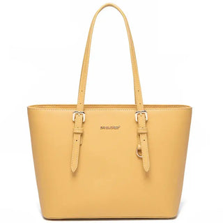 Women's Casual Tote Bag in Yellow Faux Leather with Adjustable Handles, Soft Zipper Closure and Interior Compartment.