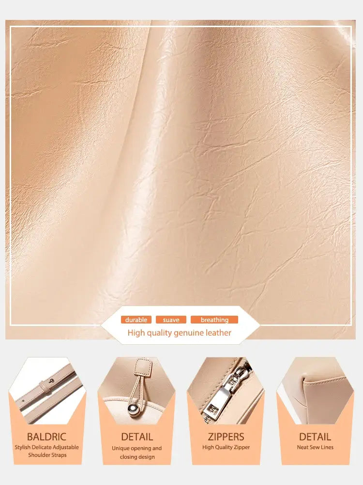 Leather Crossbody Bag in beige, showcasing high-quality genuine leather with zippers and adjustable straps.