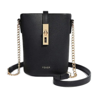 Black leather women's crossbody bag with gold chain strap and lock detail, modern and lightweight design.