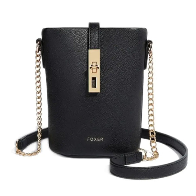 Black leather women's crossbody bag with gold chain strap and lock detail, modern and lightweight design.