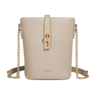 Black leather women’s crossbody bucket bag with gold chain strap and lock detail, stylish and modern design.