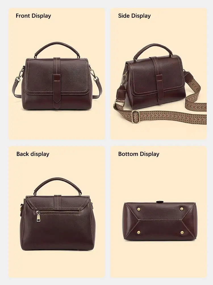 Elegant black crossbody bag display showcasing front, side, back, and bottom views, highlighting its quality design.