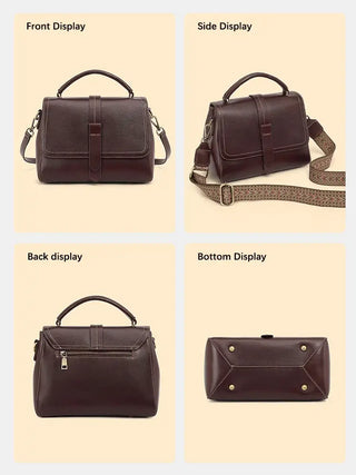 Elegant black crossbody bag display showcasing front, side, back, and bottom views, highlighting its quality design.