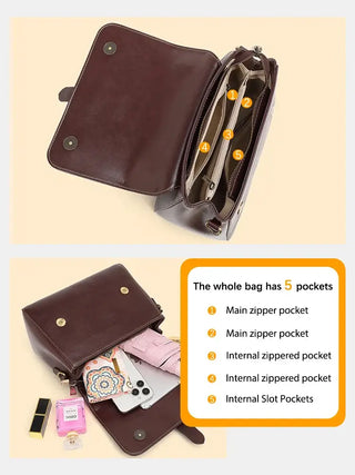 Elegant crossbody bag black with 5 pockets: main, internal zippered, and slot pockets for organized storage.