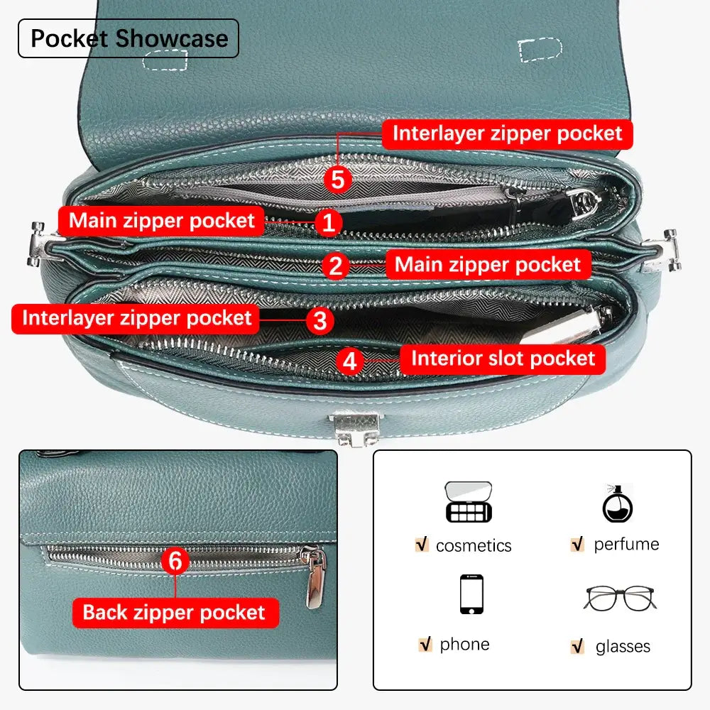 Interior pocket organization of a stylish crossbody bag in teal color, featuring multiple zip pockets for convenience.